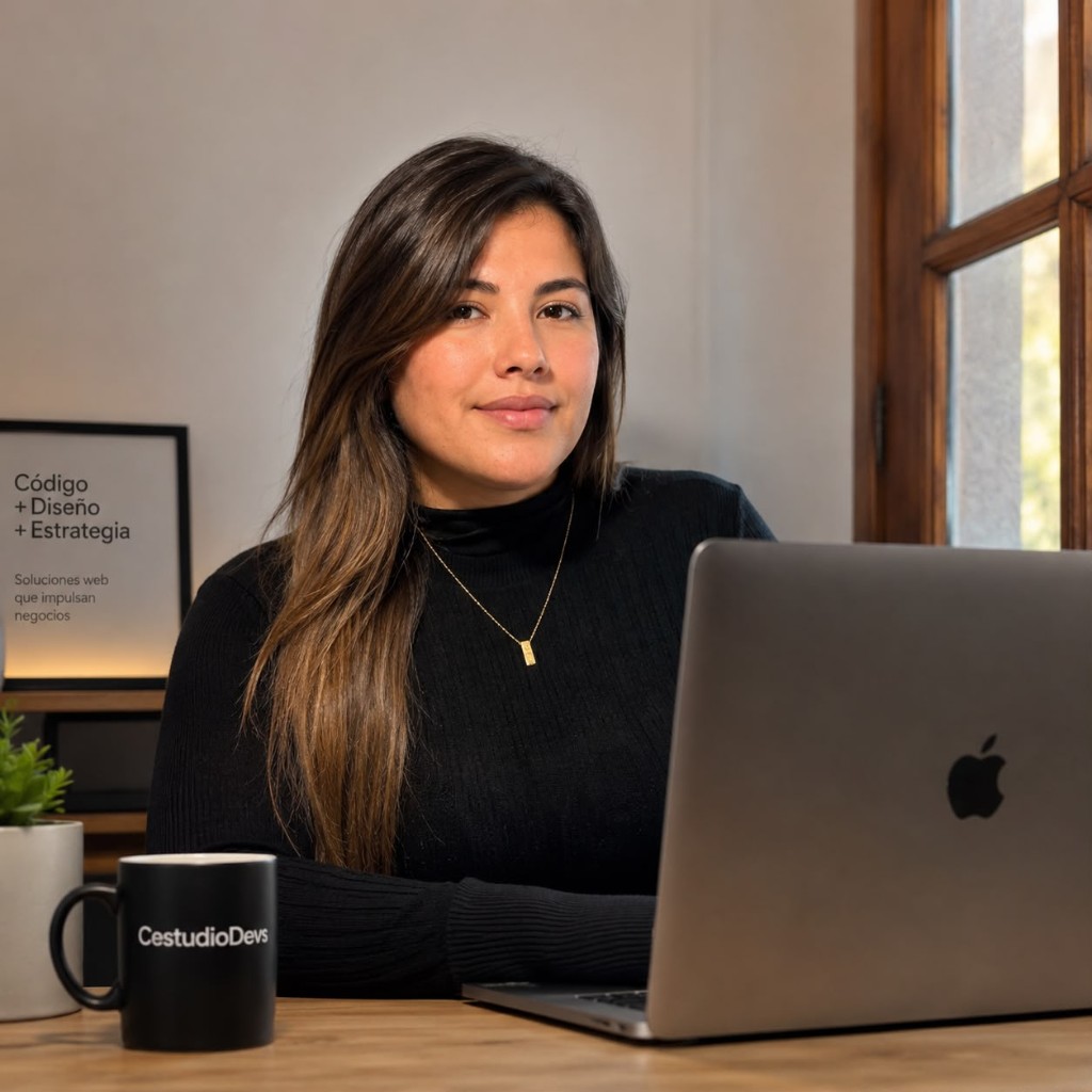 Celeste, fundadora de C Estudio Devs, en su espacio de trabajo